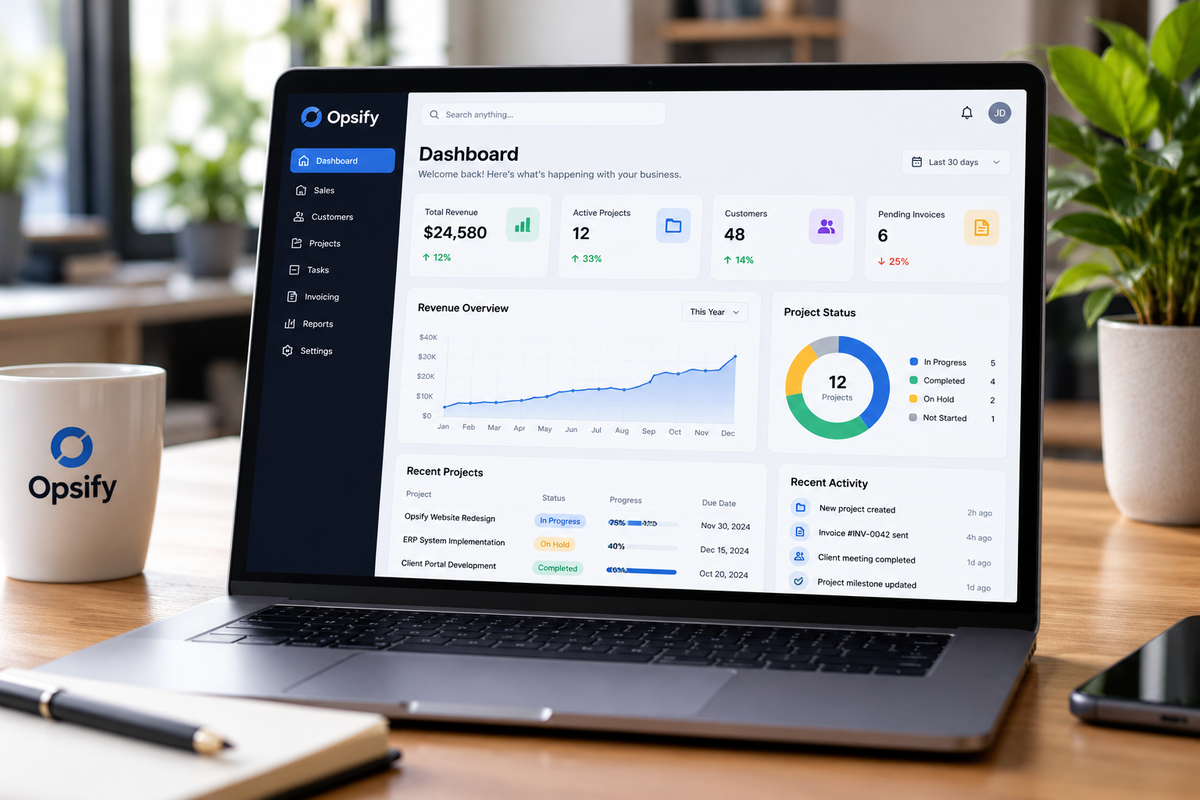 Opsify business management dashboard displayed on a laptop in a modern workspace, featuring sales analytics, project tracking, customer metrics, and invoice management.